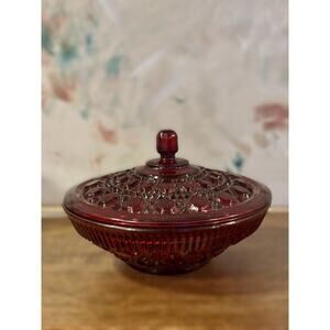 Vintage Indiana Glass Windsor Ruby Red Candy Dish – 1980s Lidded Glass Bowl